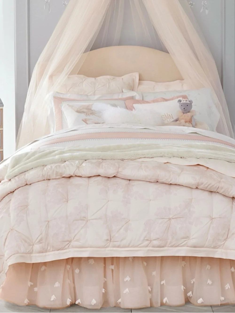 Monique Lhuillier Pale Pink Tulle Bed Skirt with Petal Appliqués